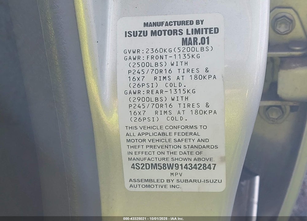 2001 ISUZU RODEO LS 3.2L/LS 3.2L V6/LSE 3.2L V6/S/S 3.2L V6 VIN: 4S2DM58W914342847