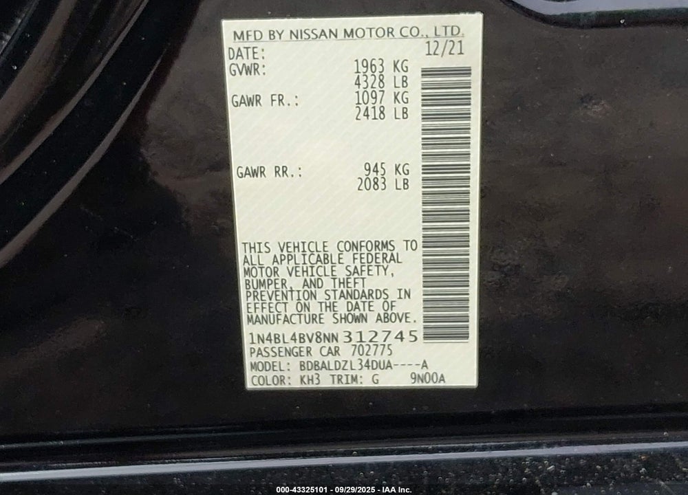 2022 NISSAN ALTIMA S FWD VIN: 1N4BL4BV8NN312745