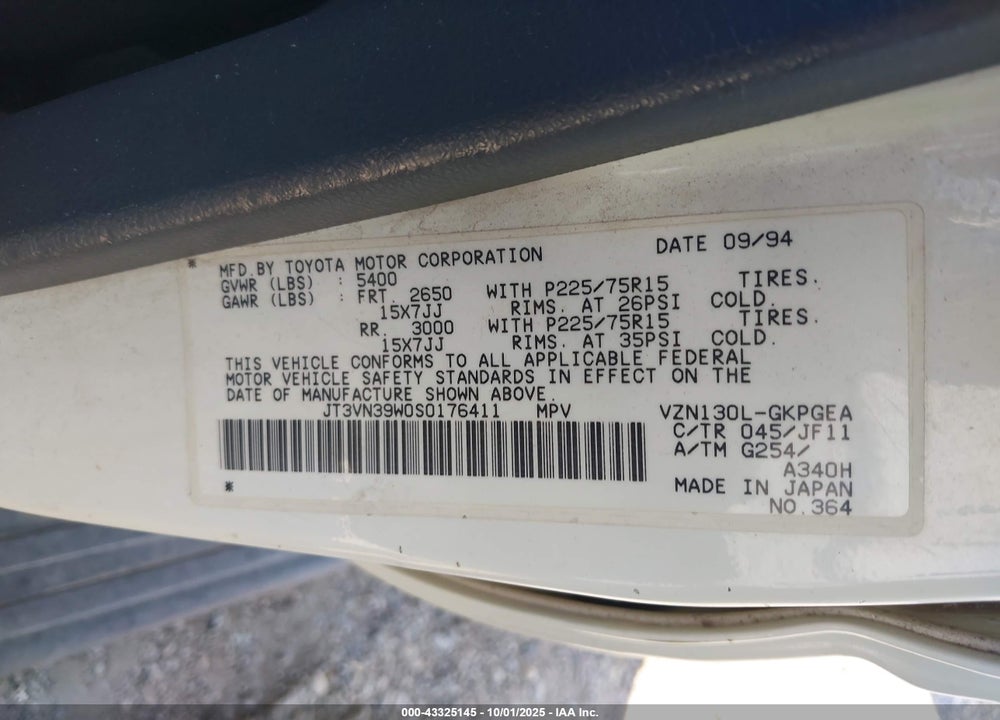 1995 TOYOTA 4RUNNER VN39 SR5 VIN: JT3VN39W0S0176411