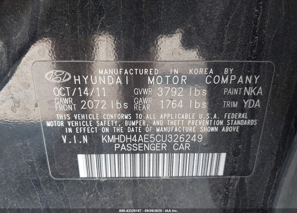 2012 HYUNDAI ELANTRA GLS (ULSAN PLANT) VIN: KMHDH4AE5CU326249