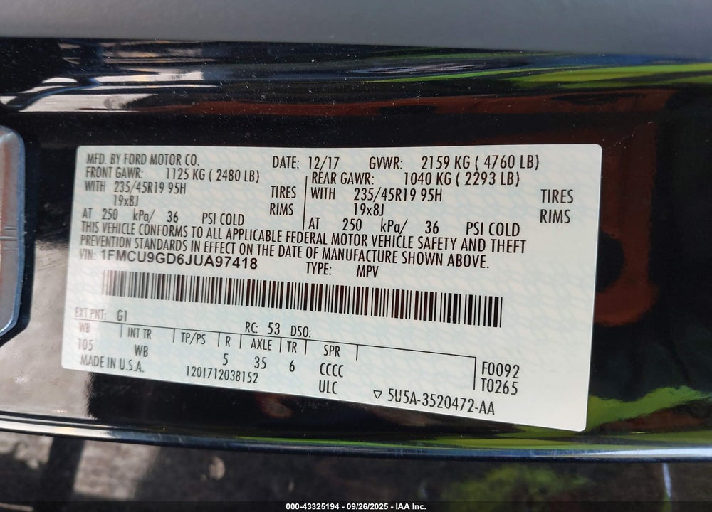 2018 FORD ESCAPE VIN: 1FMCU9GD6JUA97418