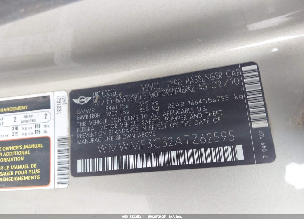 2010 MINI COOPER VIN: WMWMF3C52ATZ62595