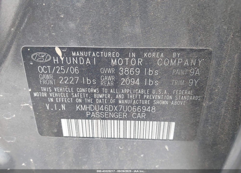2007 HYUNDAI ELANTRA GLS/LIMITED/SE VIN: KMHDU46DX7U066948