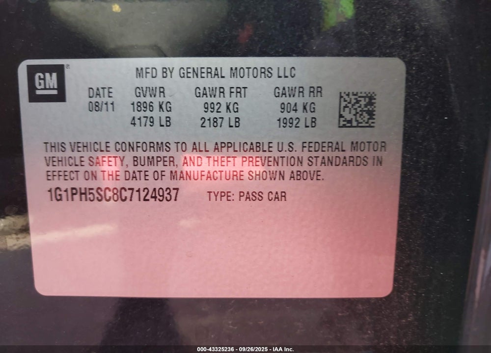 2012 CHEVROLET CRUZE VIN: 1G1PH5SC8C7124937