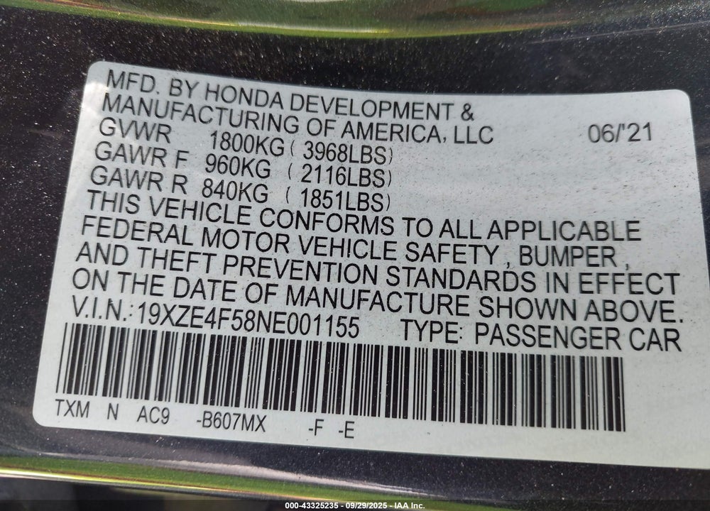 2022 HONDA INSIGHT VIN: 19XZE4F58NE001155