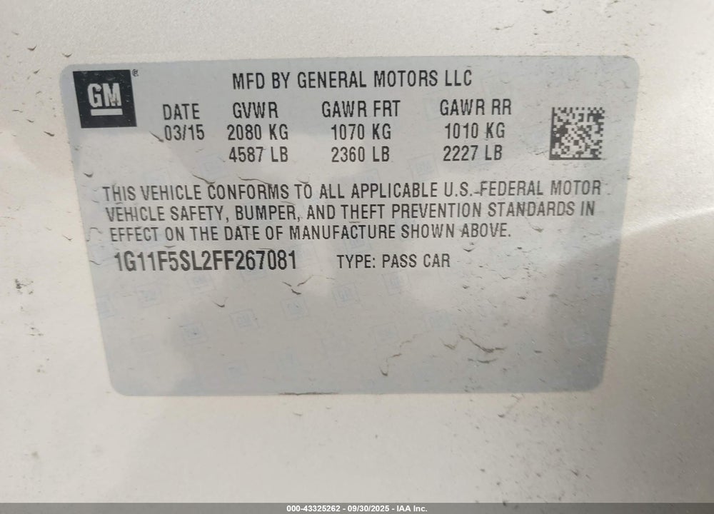 2015 CHEVROLET MALIBU 1LZ VIN: 1G11F5SL2FF267081