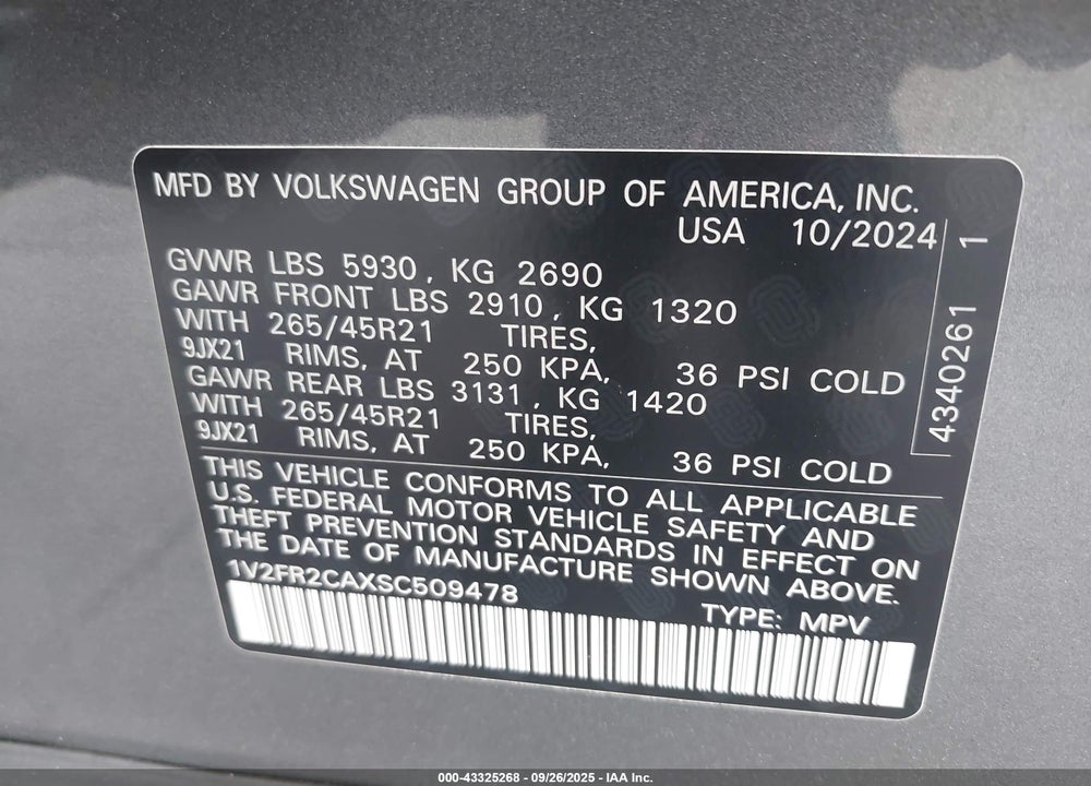 2025 VOLKSWAGEN ATLAS VIN: 1V2FR2CAXSC509478