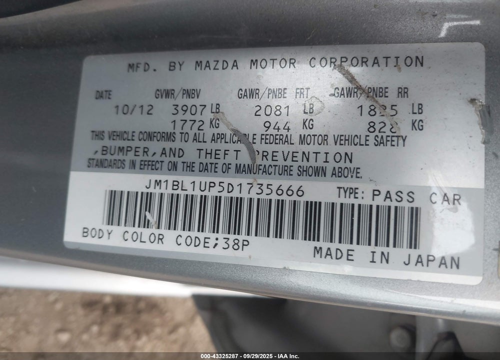2013 MAZDA 3 VIN: JM1BL1UP5D1735666