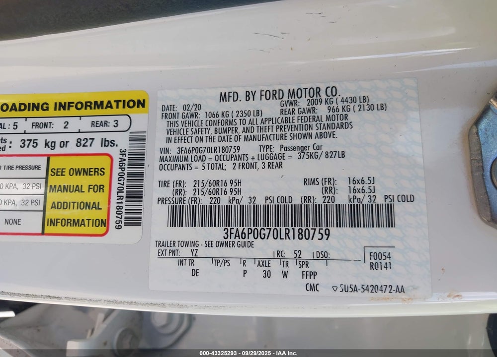 2020 FORD FUSION VIN: 3FA6P0G70LR180759
