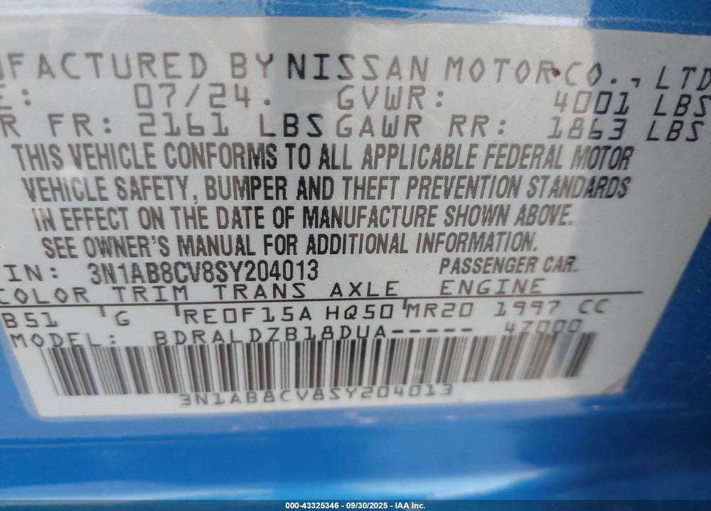 2025 NISSAN SENTRA SV VIN: 3N1AB8CV8SY204013