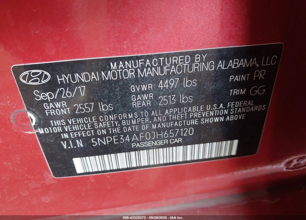 2018 HYUNDAI SONATA VIN: 5NPE34AF0JH657120