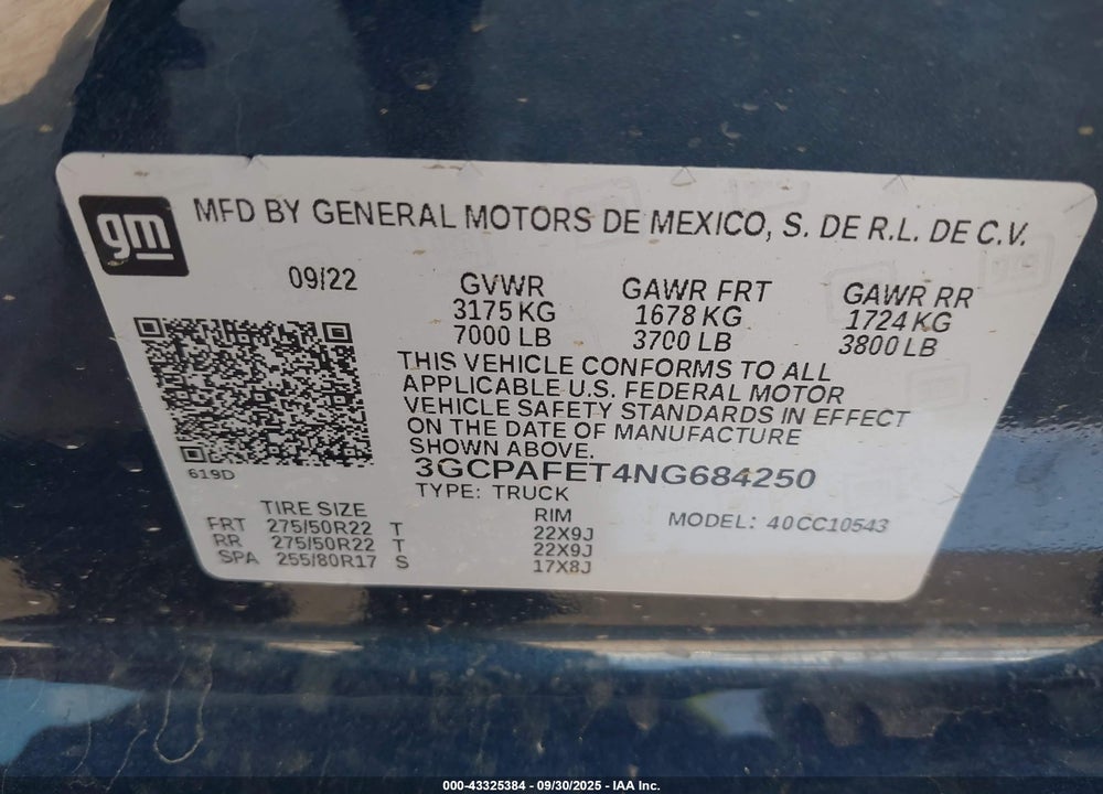 2022 CHEVROLET SILVERADO 1500 VIN: 3GCPAFET4NG684250