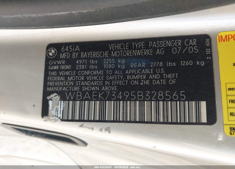 2005 BMW 645CI VIN: WBAEK73495B328565