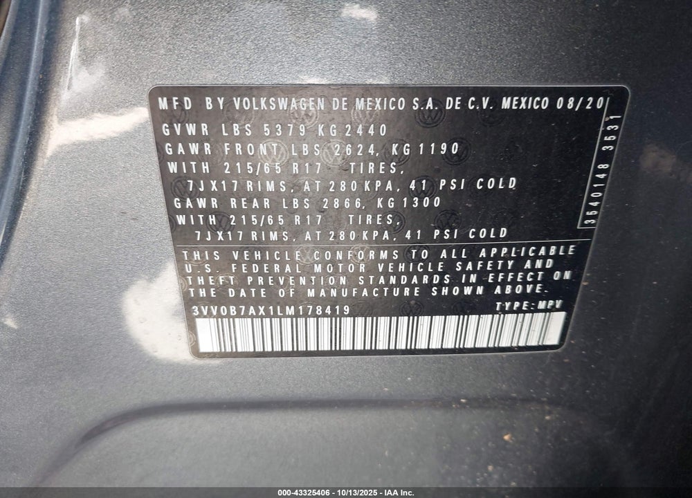 2020 VOLKSWAGEN TIGUAN 2.0T S VIN: 3VV0B7AX1LM178419