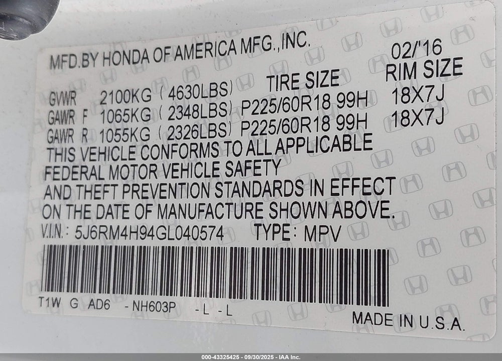 2016 HONDA CR-V TOURING VIN: 5J6RM4H94GL040574