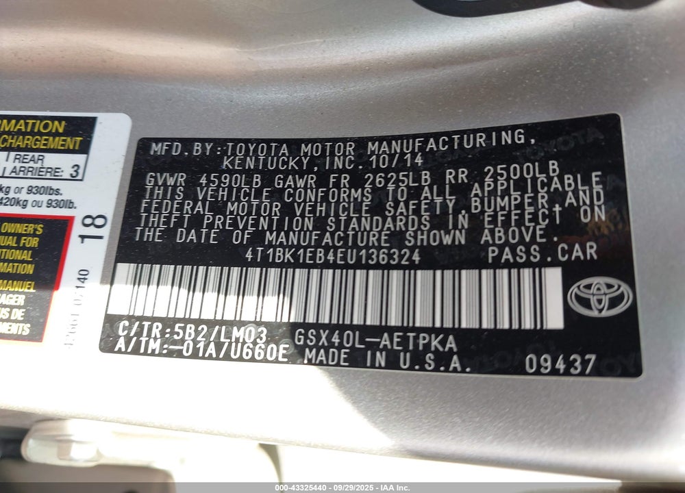 2014 TOYOTA AVALON LIMITED VIN: 4T1BK1EB4EU136324