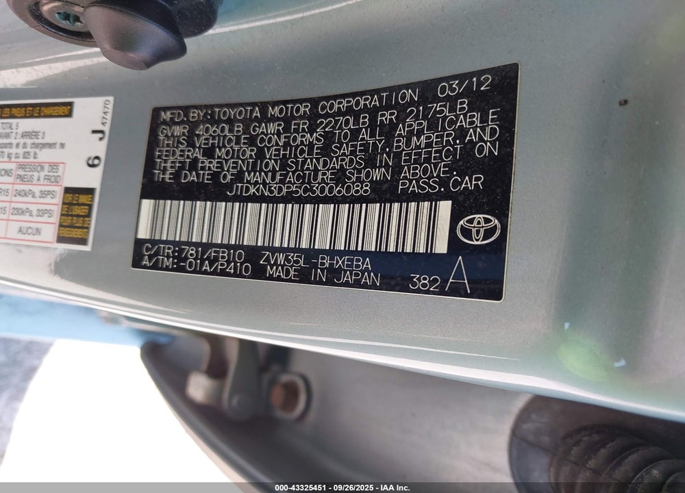 2012 TOYOTA PRIUS PLUG-IN VIN: JTDKN3DP5C3006088