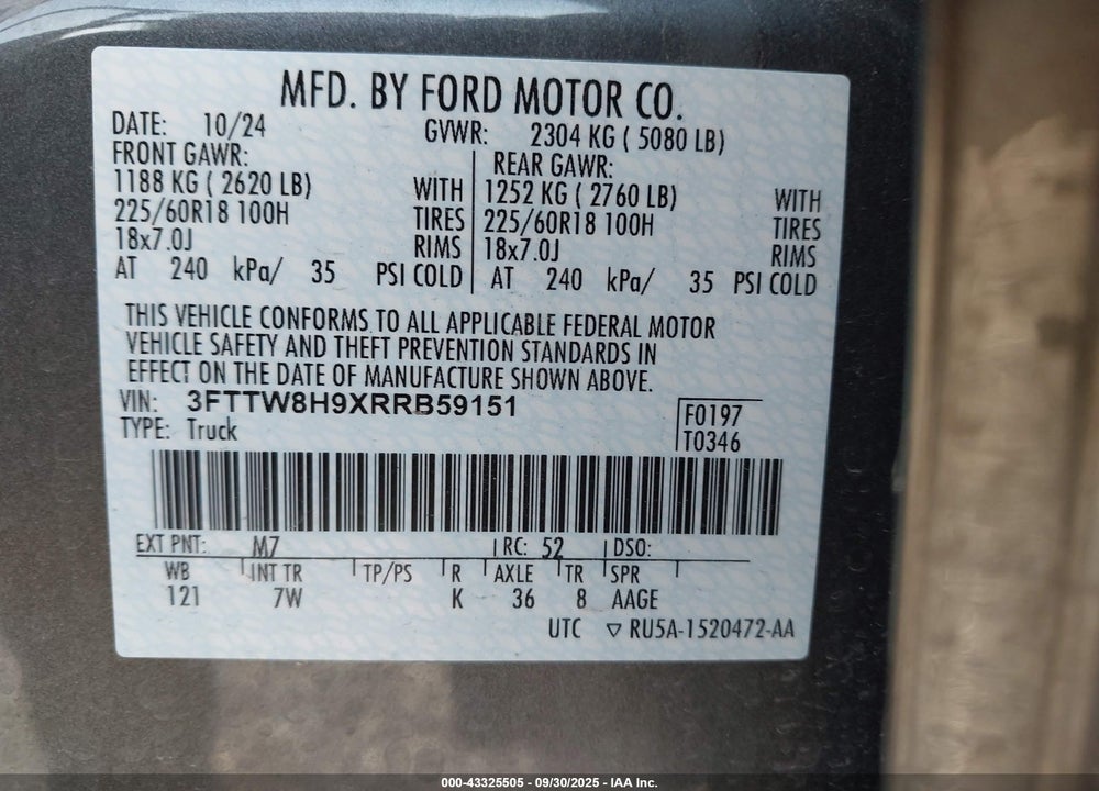 2024 FORD MAVERICK XLT VIN: 3FTTW8H9XRRB59151