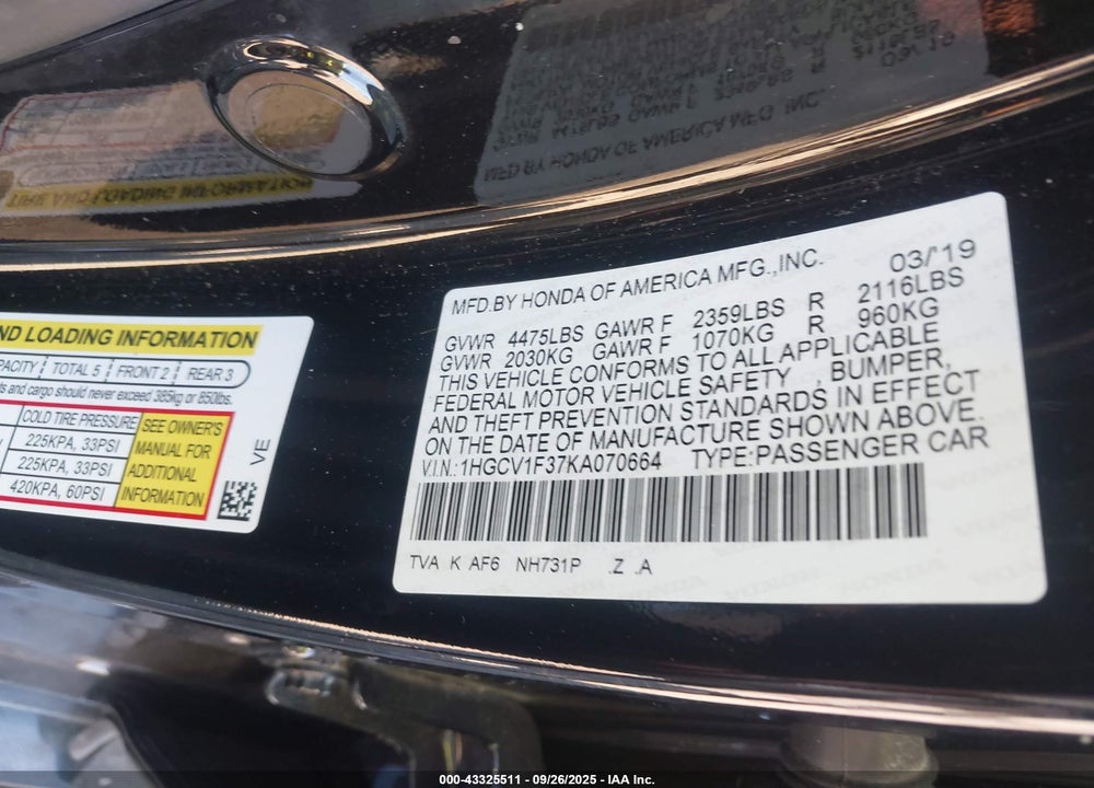 2019 HONDA ACCORD VIN: 1HGCV1F37KA070664