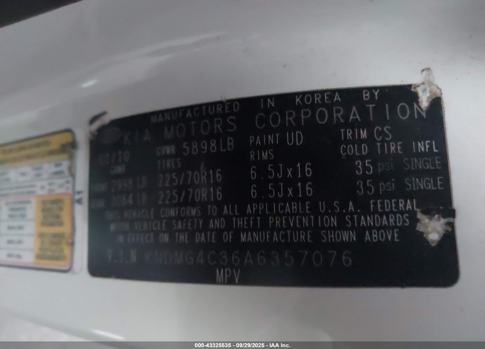 2010 KIA SEDONA LX VIN: KNDMG4C36A6357076