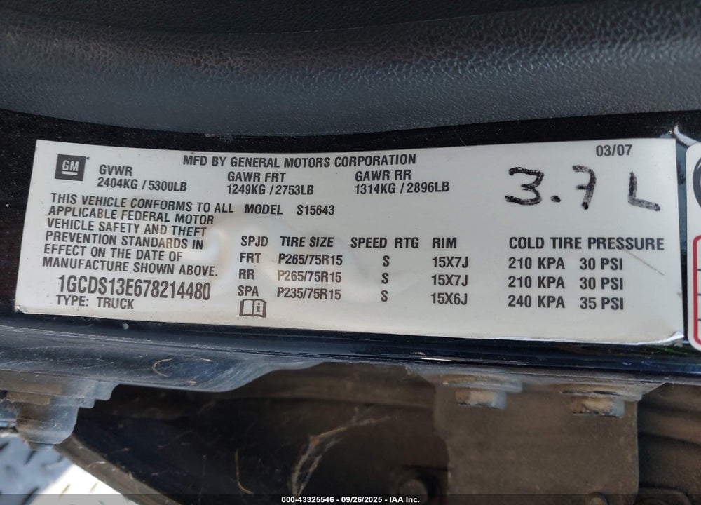 2007 CHEVROLET COLORADO VIN: 1GCDS13E678214480