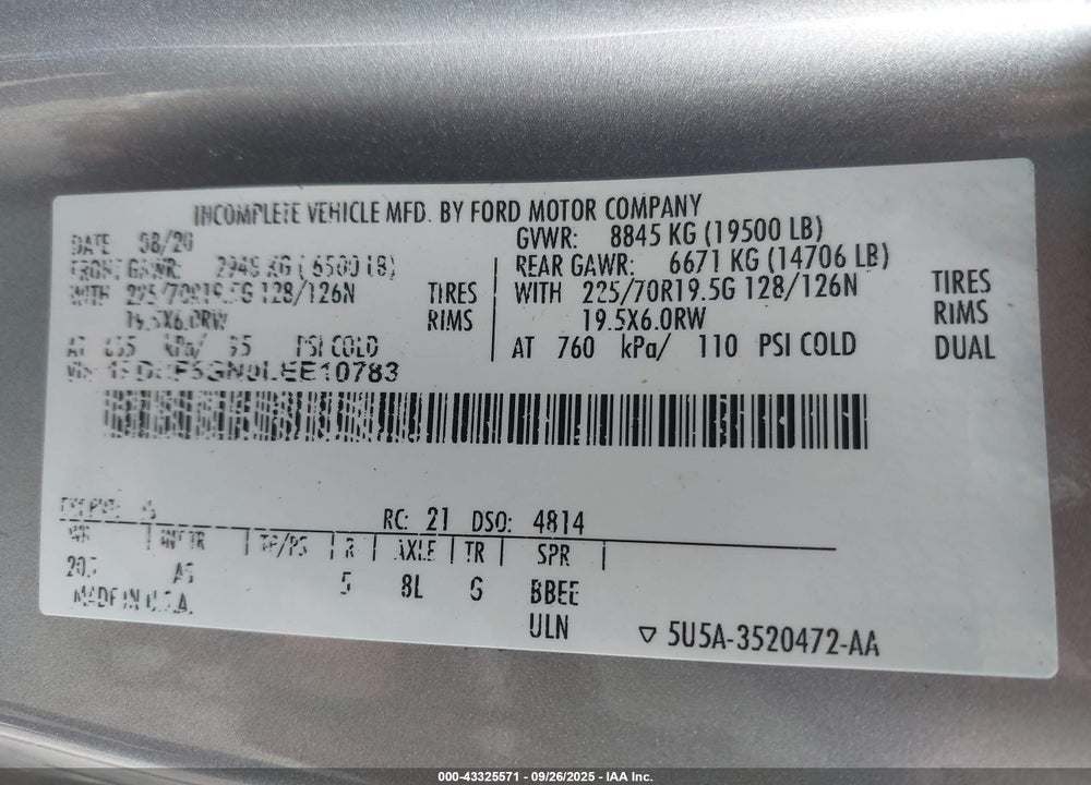 2020 FORD F-550 CHASSIS XL VIN: 1FDUF5GN0LEE10783