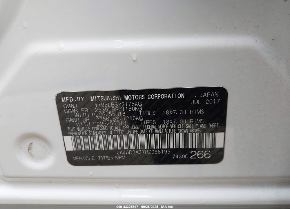 2017 MITSUBISHI OUTLANDER VIN: JA4AD2A37HZ068195
