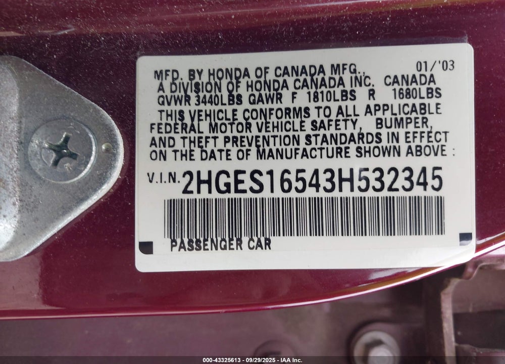 2003 HONDA CIVIC LX VIN: 2HGES16543H532345