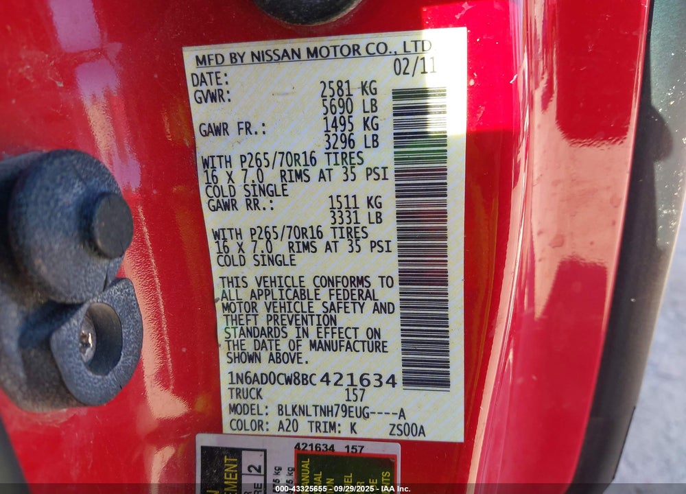 2011 NISSAN FRONTIER VIN: 1N6AD0CW8BC421634