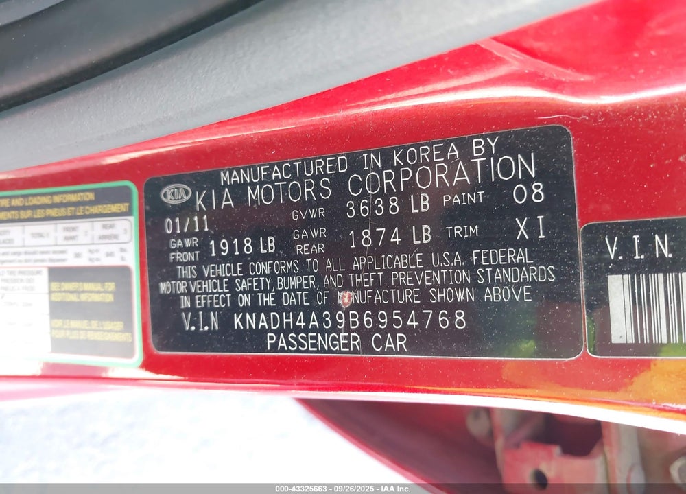 2011 KIA RIO LX VIN: KNADH4A39B6954768