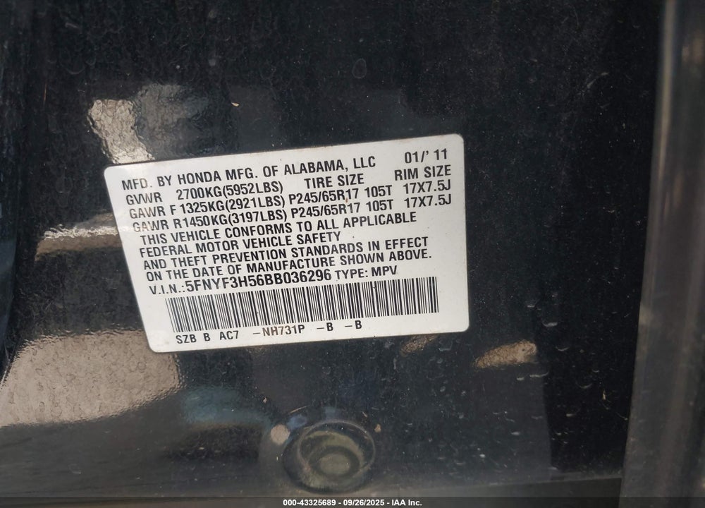 2011 HONDA PILOT VIN: 5FNYF3H56BB036296