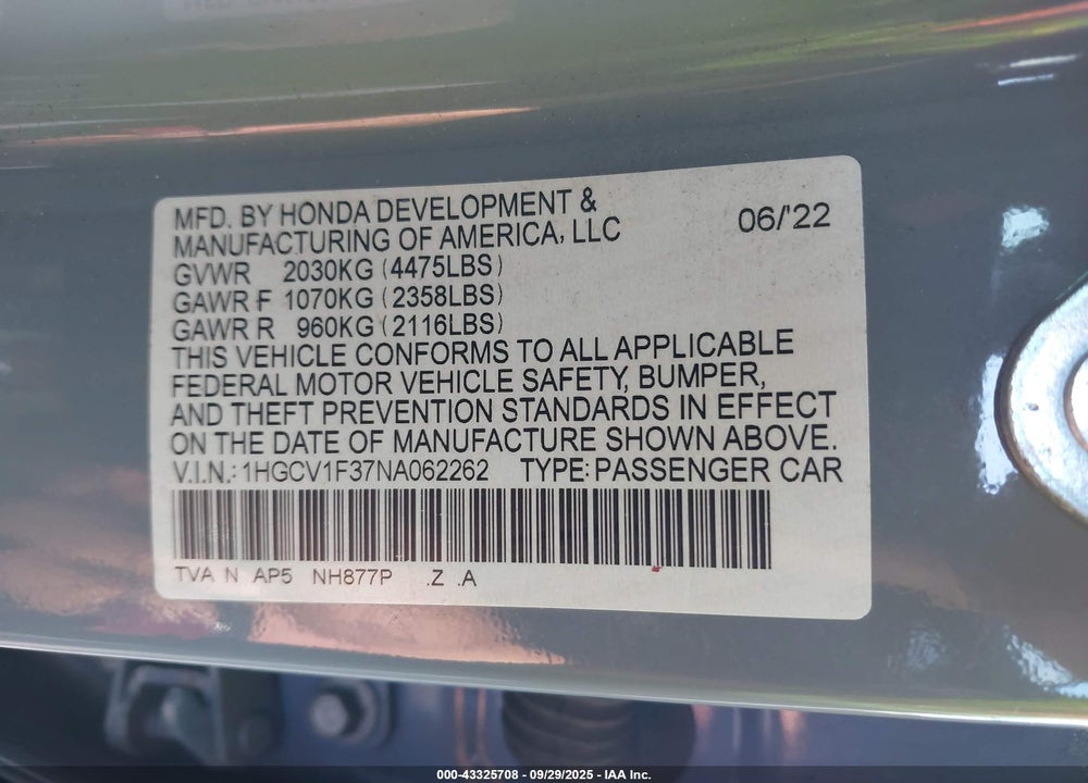 2022 HONDA ACCORD VIN: 1HGCV1F37NA062262