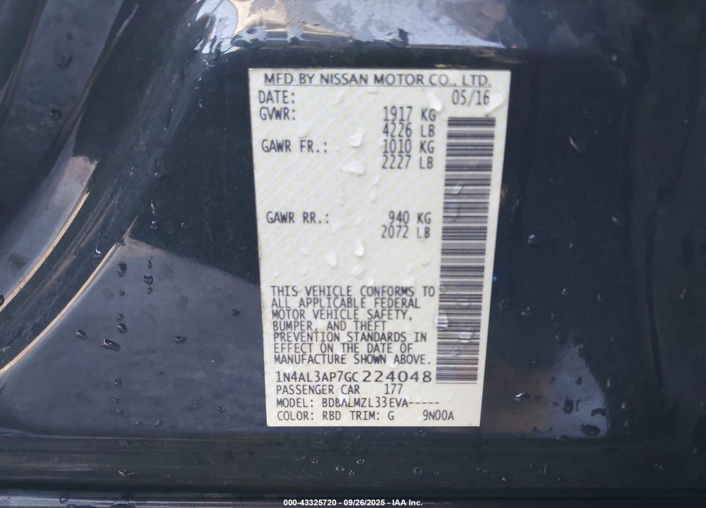 2016 NISSAN ALTIMA VIN: 1N4AL3AP7GC224048