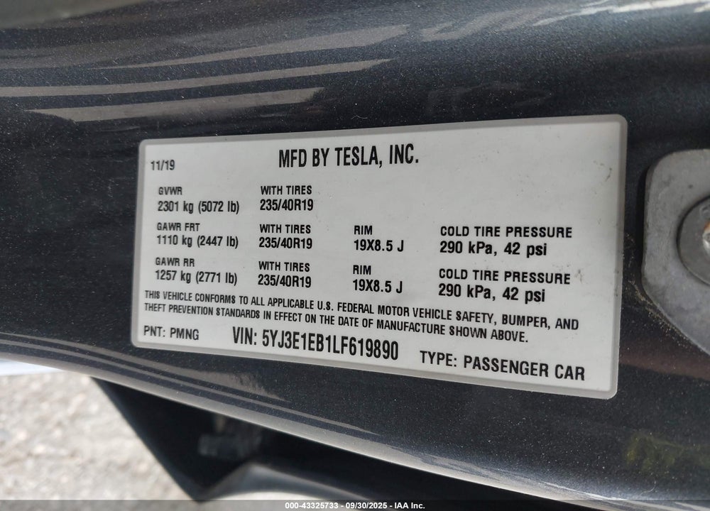 2020 TESLA MODEL 3 VIN: 5YJ3E1EB1LF619890