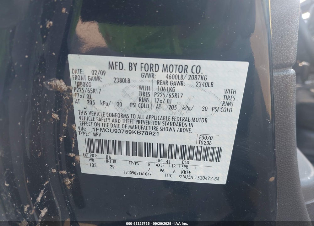 2009 FORD ESCAPE XLT VIN: 1FMCU93759KB78921