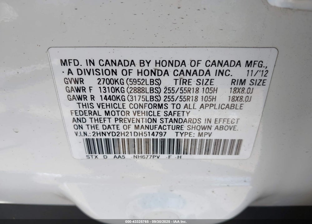 2013 ACURA MDX VIN: 2HNYD2H21DH514797