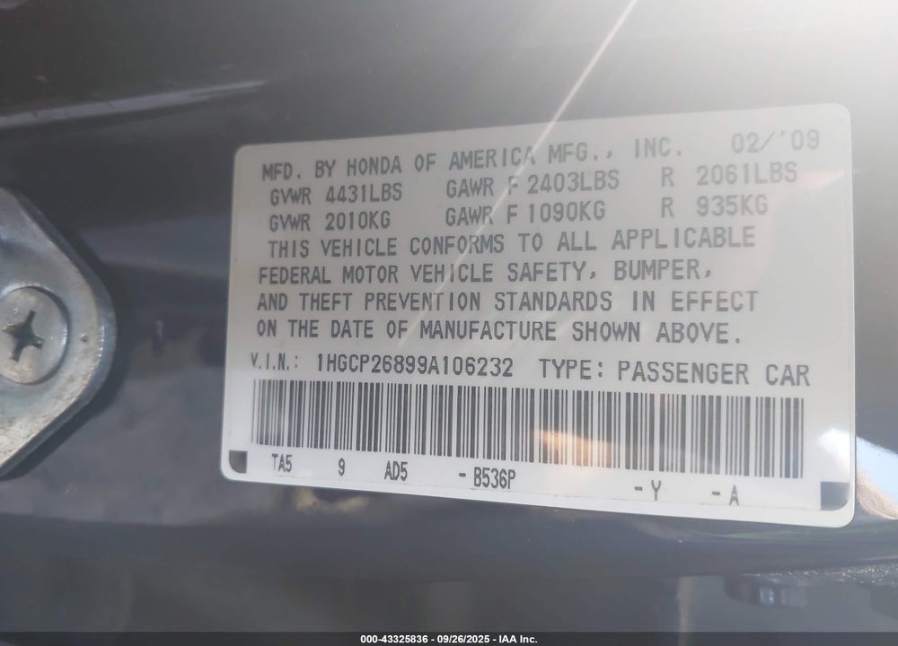 2009 HONDA ACCORD 2.4 EX-L VIN: 1HGCP26899A106232