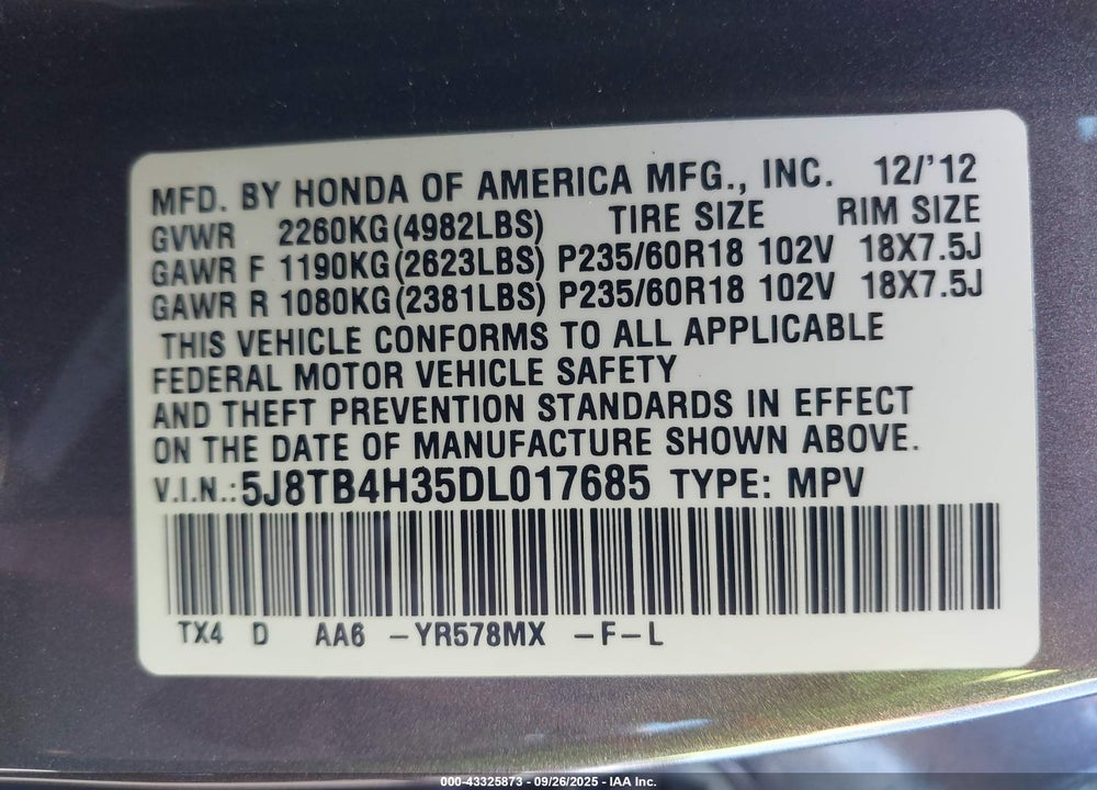 2013 ACURA RDX VIN: 5J8TB4H35DL017685
