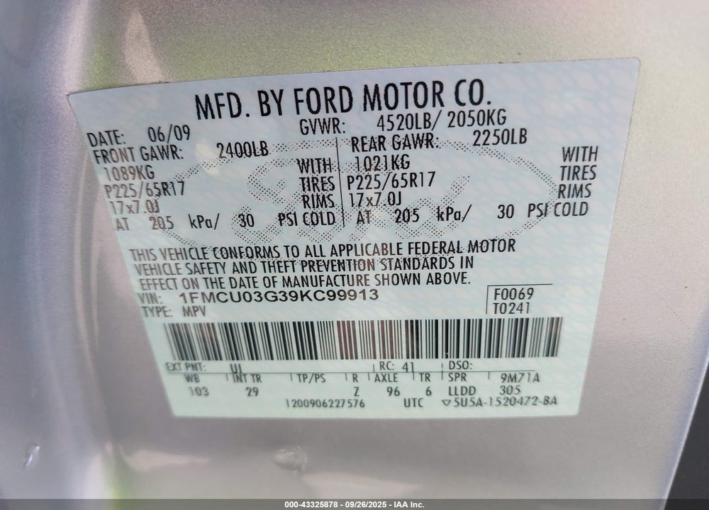 2009 FORD ESCAPE XLT VIN: 1FMCU03G39KC99913