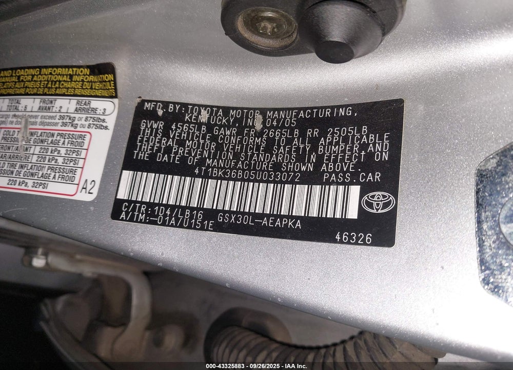 2005 TOYOTA AVALON LIMITED VIN: 4T1BK36B05U033072