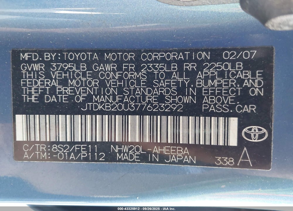 2007 TOYOTA PRIUS VIN: JTDKB20U377623292