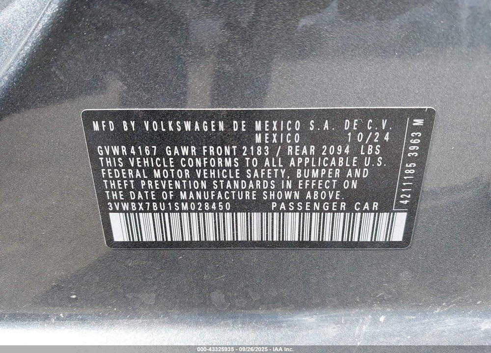 2025 VOLKSWAGEN JETTA VIN: 3VWBX7BU1SM028450