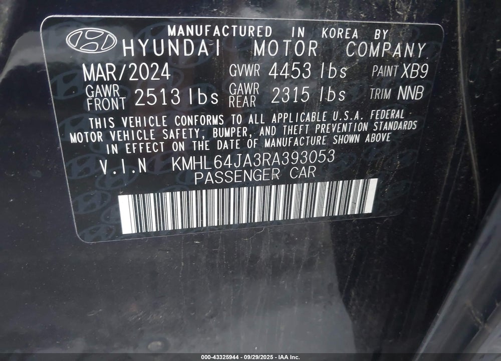 2024 HYUNDAI SONATA VIN: KMHL64JA3RA393053
