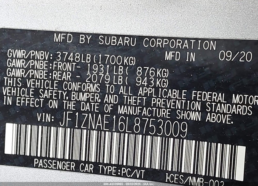 2020 TOYOTA 86 GT VIN: JF1ZNAE16L8753009