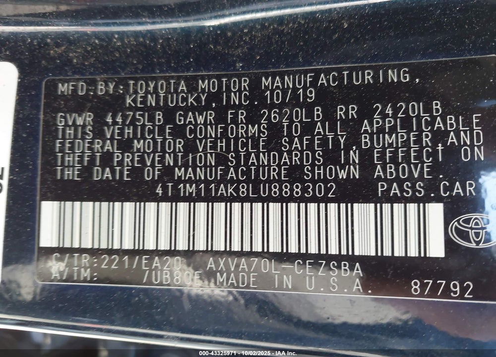 2020 TOYOTA CAMRY SE VIN: 4T1M11AK8LU888302