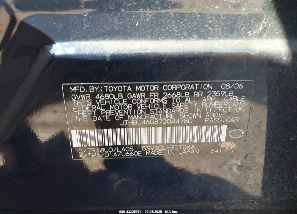 2007 LEXUS ES 350 VIN: JTHBJ46G872044780