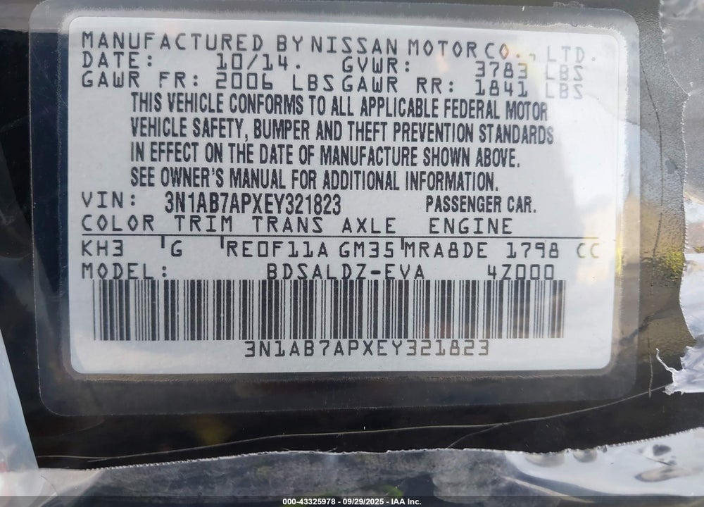 2014 NISSAN SENTRA VIN: 3N1AB7APXEY321823