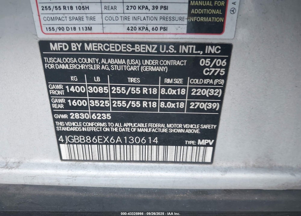 2006 MERCEDES-BENZ ML 350 4MATIC VIN: 4JGBB86EX6A130614