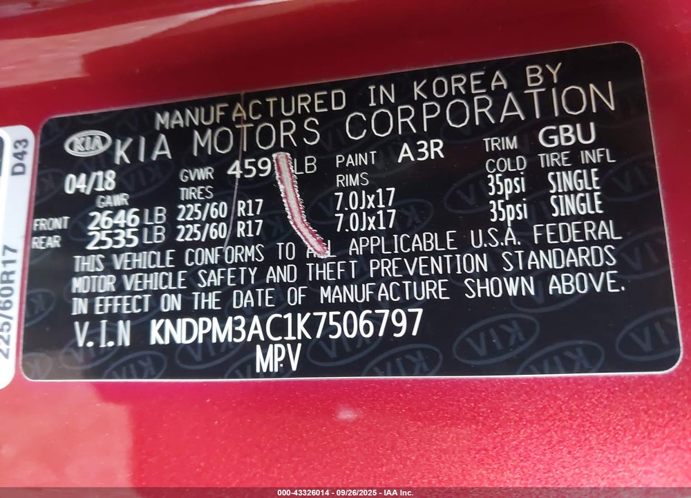 2019 KIA SPORTAGE VIN: KNDPM3AC1K7506797