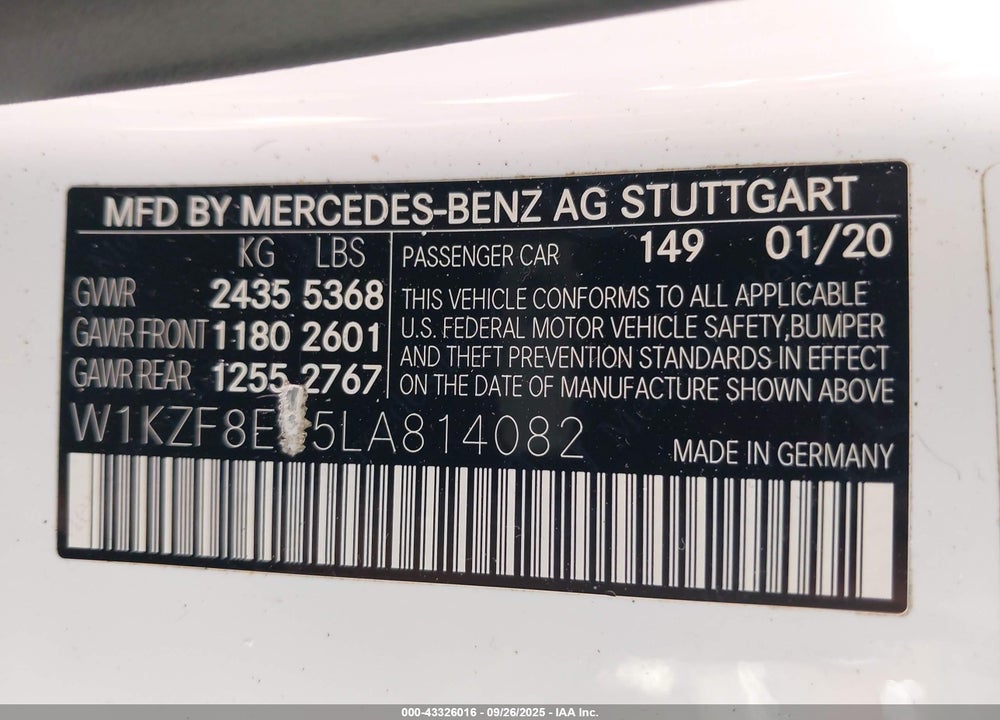 2020 MERCEDES-BENZ E-CLASS VIN: W1KZF8EB5LA814082